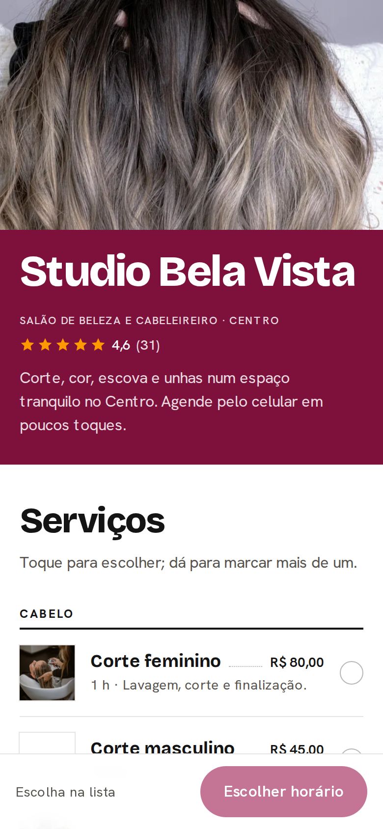 Página de agendamento no tema Revista do salão